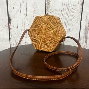 ASOS Hexagonal Woven Rattan Crossbody Bag Vegan Leather Strap Brown